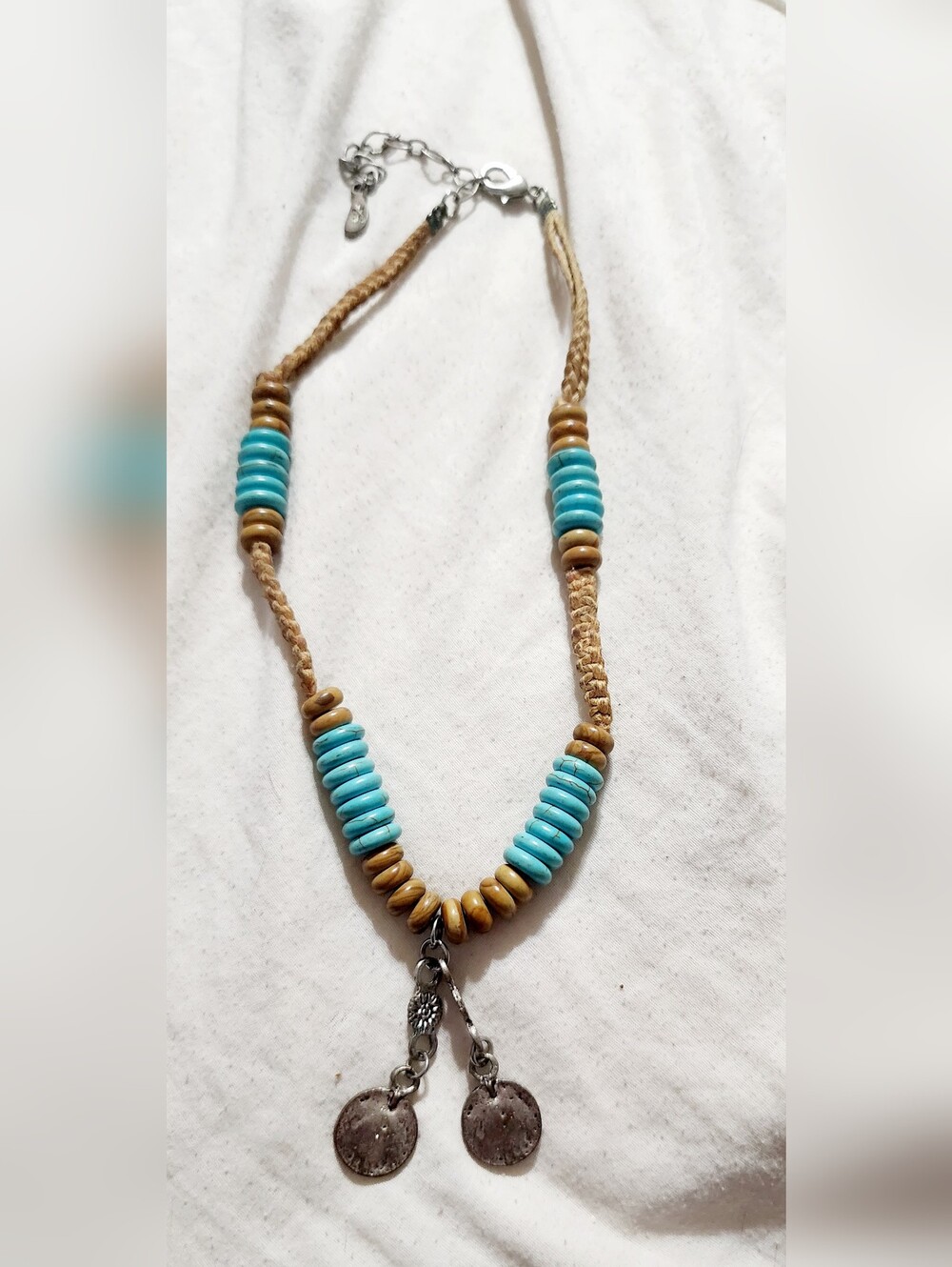 Source Unknown Turquoise and Tan Beaded Coin Dangle Necklace